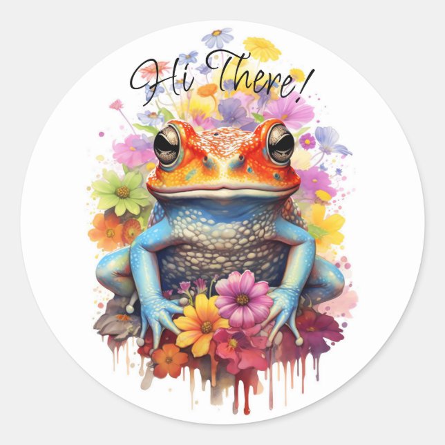 Cute and Colourful Frog with Flowers Classic Round Sticker (Front)