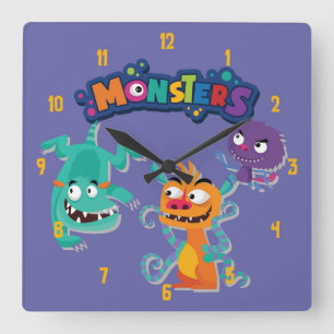 Cute and Colourful Fun Monsters Playing Scene Square Wall Clock