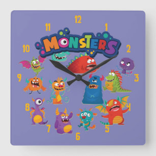 Cute and Colourful Fun Monsters Playing Scene Square Wall Clock