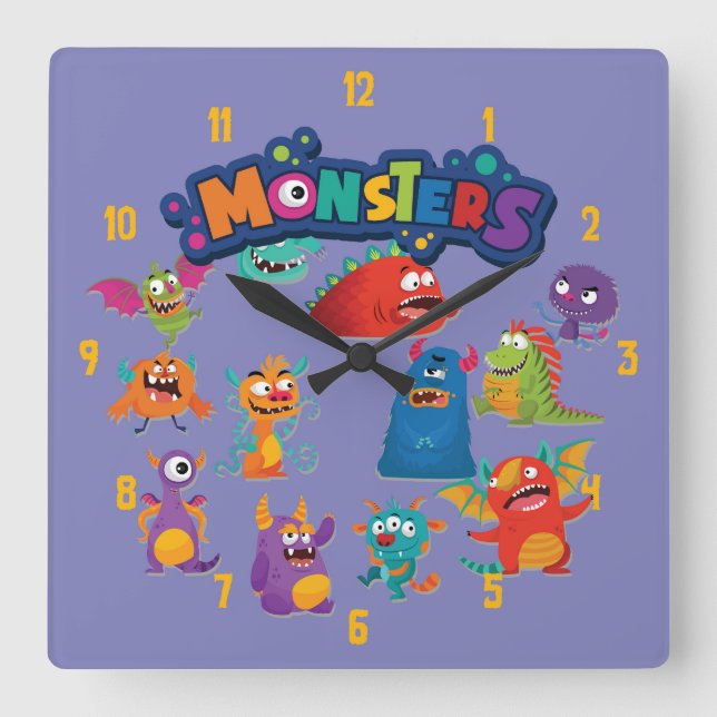 Cute and Colourful Fun Monsters Playing Scene Square Wall Clock (Front)