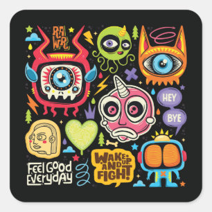 Cute and Colourful Hand Drawn Monster Doodle Square Sticker