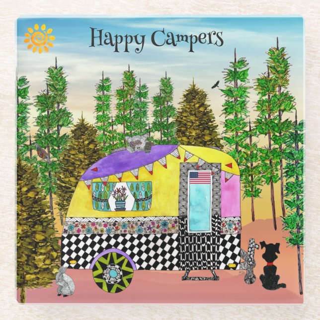 Cute and Colourful Happy Camper Glass Coaster (Front)