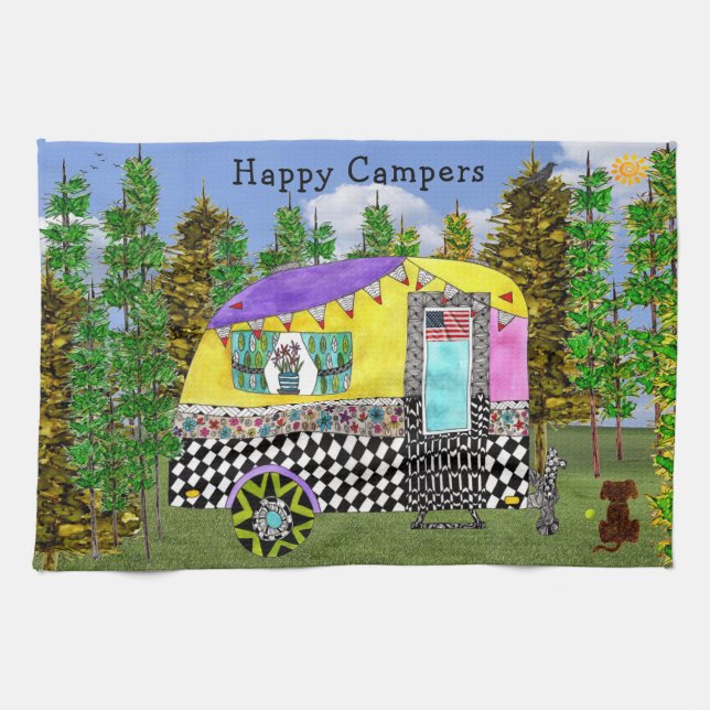 Cute and Colourful Happy Campers Kitchen Towels (Horizontal)