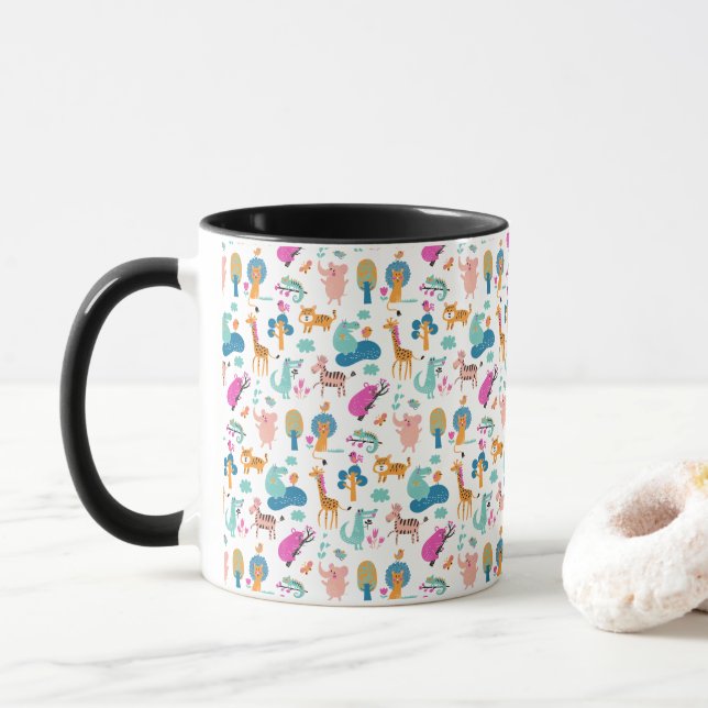 Cute and Colourful Jungle Animals Pattern Mug (With Donut)