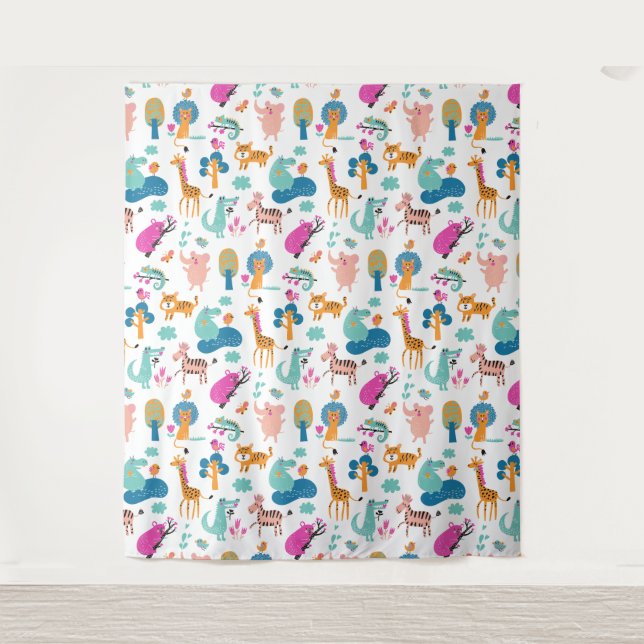Cute and Colourful Jungle Animals Pattern Tapestry (Front)