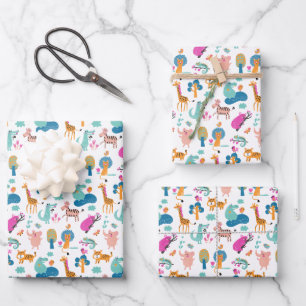 Cute and Colourful Jungle Animals Pattern Wrapping Paper Sheet