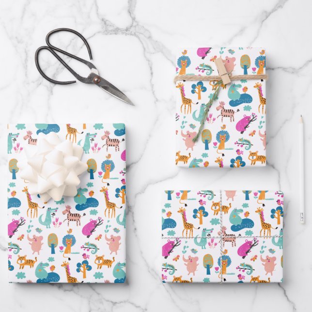 Cute and Colourful Jungle Animals Pattern Wrapping Paper Sheet (Front)