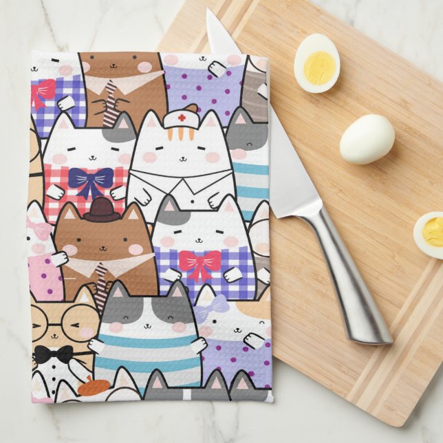 Cute and Colourful Kawaii Cat Pattern Tea Towel (Quarter Fold)