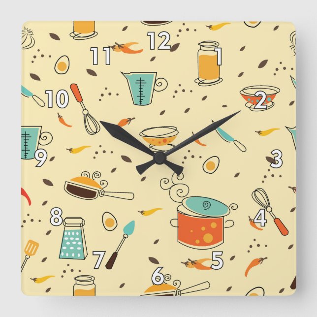 Cute and Colourful Kitchen Utensils Square Wall Clock (Front)