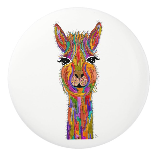 Cute and Colourful Llama Door Knob - Ceramic (Front)