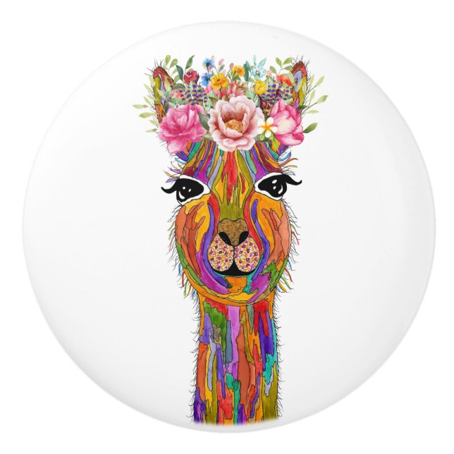 Cute and Colourful Llama Floral Knobs & Pulls (Front)