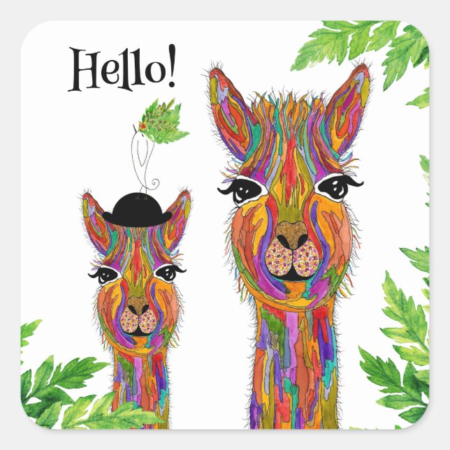 Cute and Colourful Llama Hello Stickers (Front)
