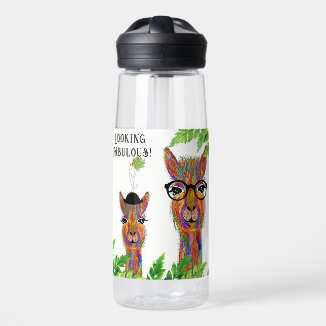 Cute and Colourful Llama Looking Fabulous Water Bottle (Front)