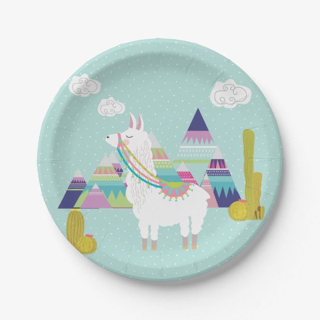 Cute and Colourful Llama Personalised Paper Plates (Front)