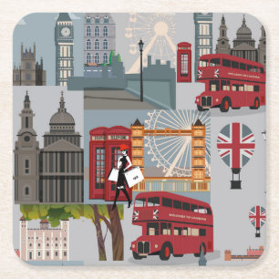 Cute and Colourful London Cartoon Drawing Square Paper Coaster