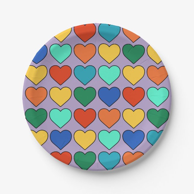 Cute and Colourful Love Heart Pattern on Lavender Paper Plate (Front)
