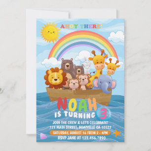 Cute and colourful Noah's Ark Birthday Invitation