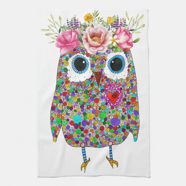 Cute and Colourful Owl Floral Kitchen Towel (Vertical)