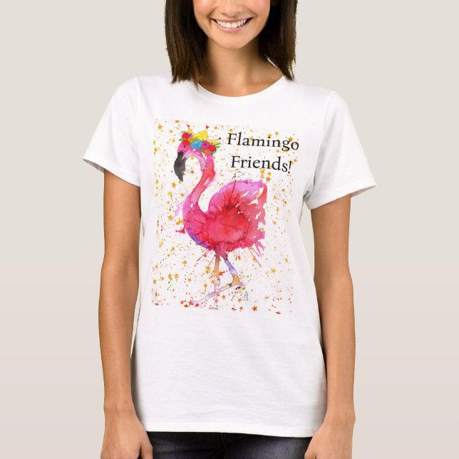Cute and Colourful Pink Flamingo in Crown T-Shirt (Front)