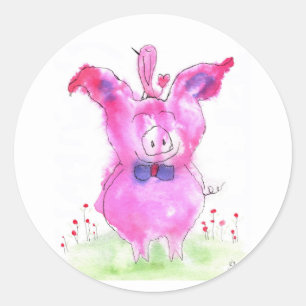 Cute and Colourful Pink Pig and Bird Sticker