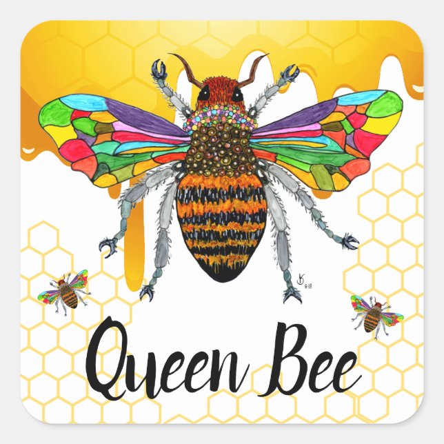 Cute and Colourful Queen Bee Square Sticker (Front)