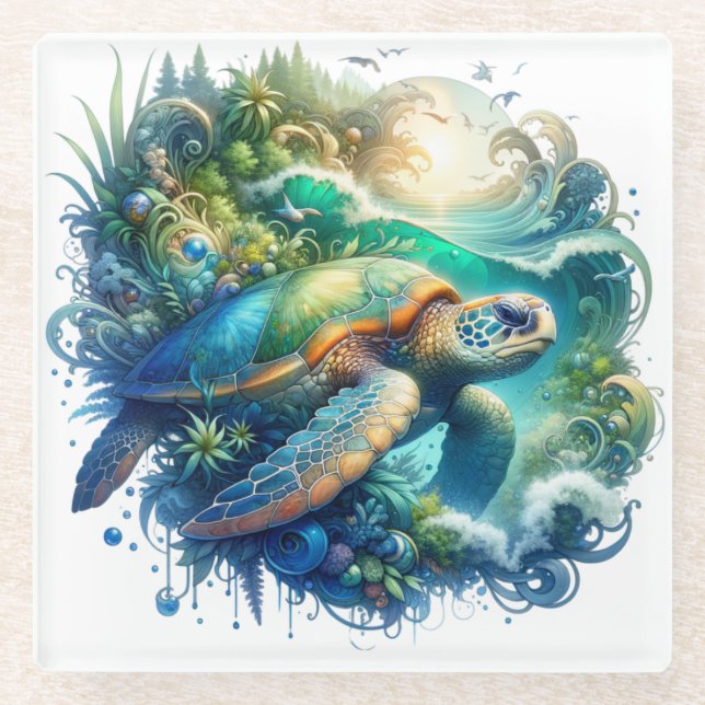 Cute and Colourful Sea Turtle Glass Coaster (Front)