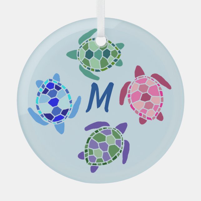 Cute and Colourful Sea Turtles Suncatcher Monogram Glass Tree Decoration (Front)