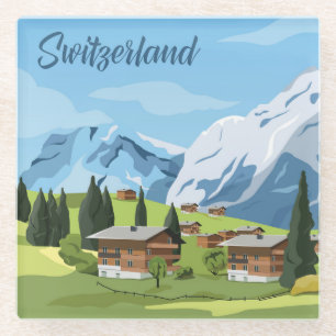 Cute and Colourful Switzerland Cartoon Drawing Glass Coaster