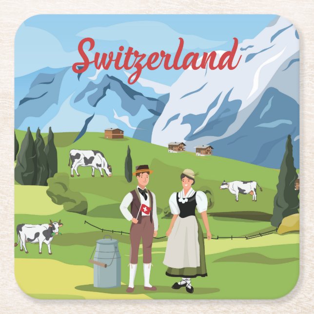 Cute and Colourful Switzerland Cartoon Drawing Square Paper Coaster (Front)