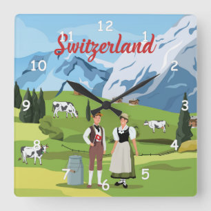 Cute and Colourful Switzerland Cartoon Drawing Square Wall Clock