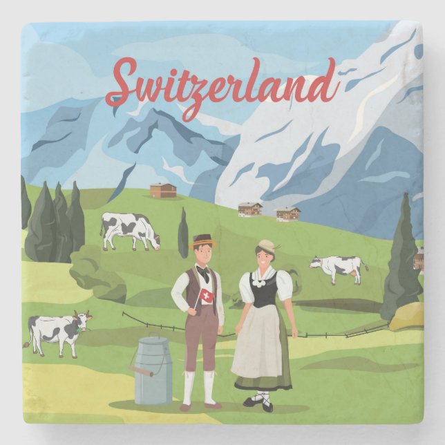 Cute and Colourful Switzerland Cartoon Drawing Stone Coaster (Front)