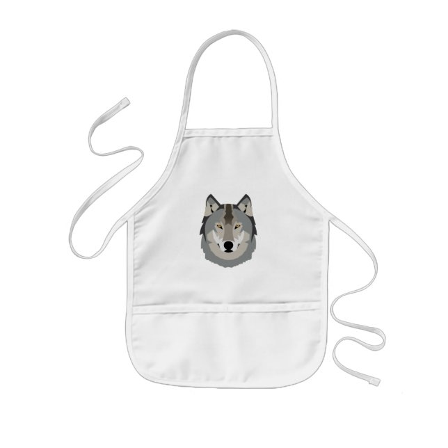 Cute and Cool Gray Wolf Face, Illustrated Animal Kids Apron (Front)