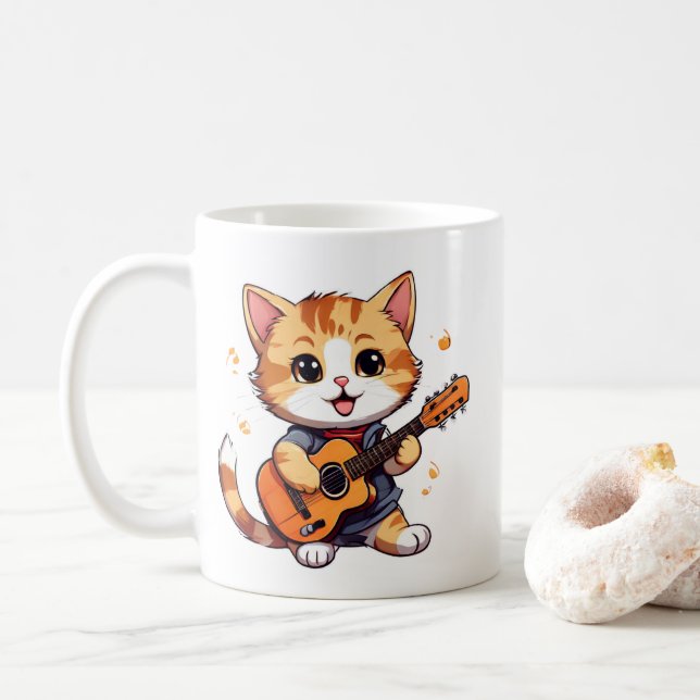 cute and cool little cat playing guitar coffee mug (With Donut)