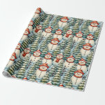Cute and Cosy Snowman Christmas Wrapping Paper<br><div class="desc">Christmas wrap with snowmen in warm red scarves and warm knit hats and a pretty green pine tree background.</div>