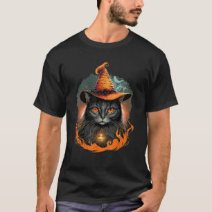 Cute and Creepy Black Cat Wearing a Witch Hat T-Shirt