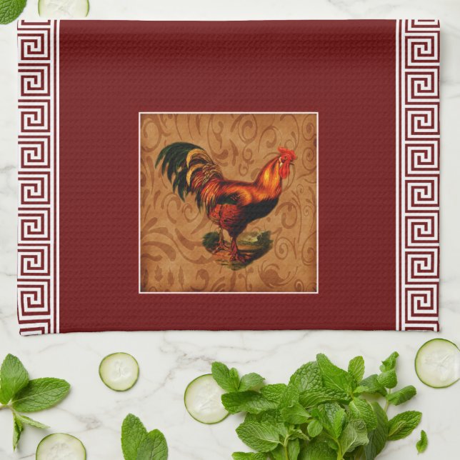 Cute and Elegant Country Rooster and Greek key Tea Towel (Folded)