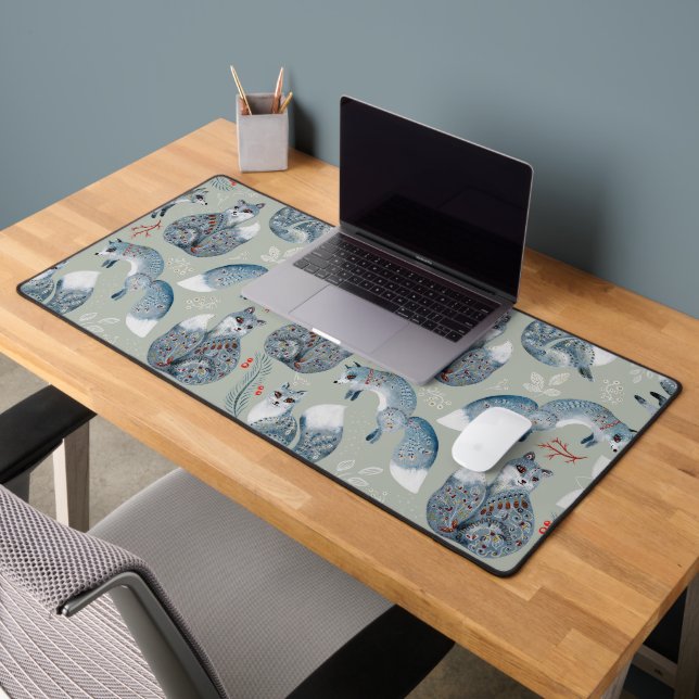 Cute and fancy grey foxes and flowers pattern desk mat (Office 2)