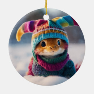 Cute and Fluffy Bunny in knitted hat Ceramic Tree Decoration