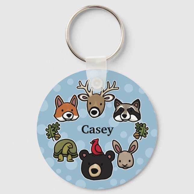 Cute and Friendly Forest Animals, Add Child's Name Key Ring (Front)