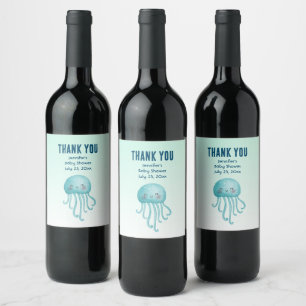 Cute and Fun Blue-Green Jellyfish Baby Shower Wine Label