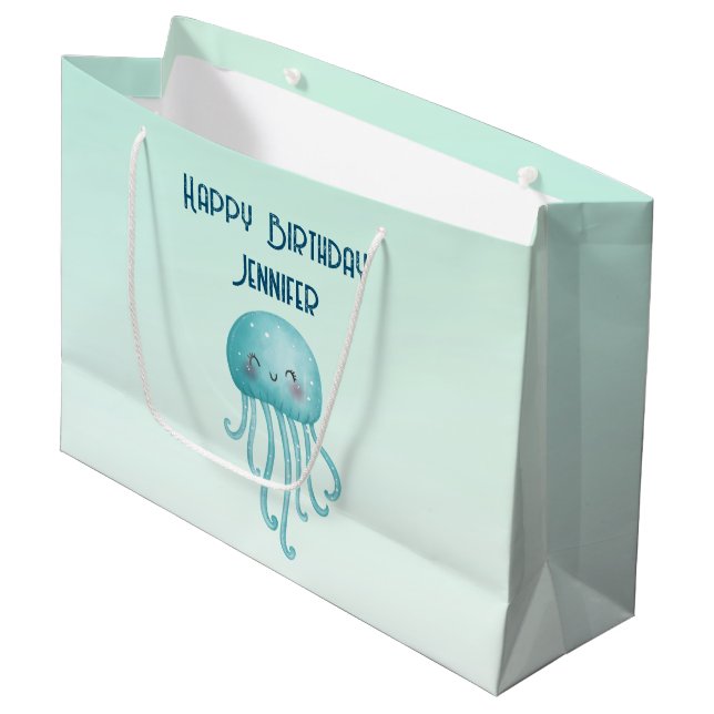 Cute and Fun Blue-Green Jellyfish Birthday Large Gift Bag (Front Angled)