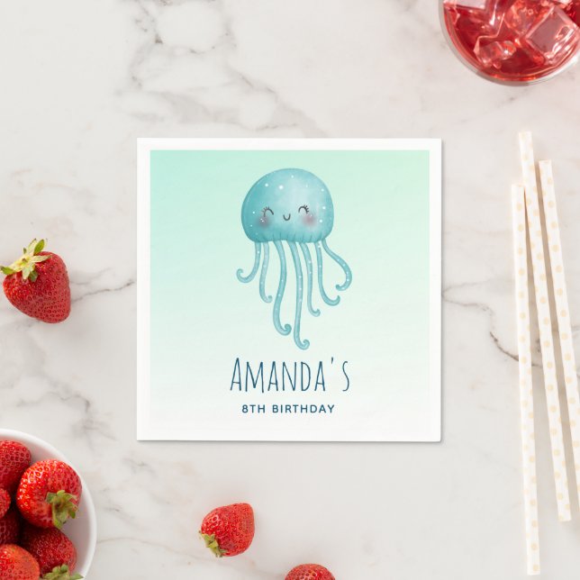 Cute and Fun Blue-Green Jellyfish Birthday Napkin (Insitu)