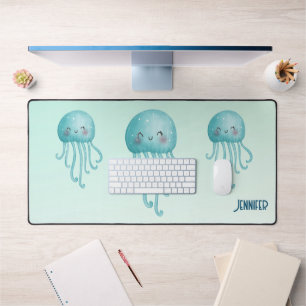 Cute and Fun Blue-Green Jellyfish Desk Mat