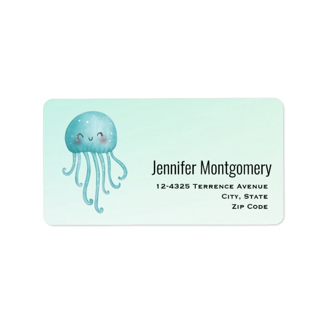 Cute and Fun Blue-Green Jellyfish Label (Front)