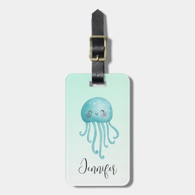 Cute and Fun Blue-Green Jellyfish Luggage Tag (Front Vertical)