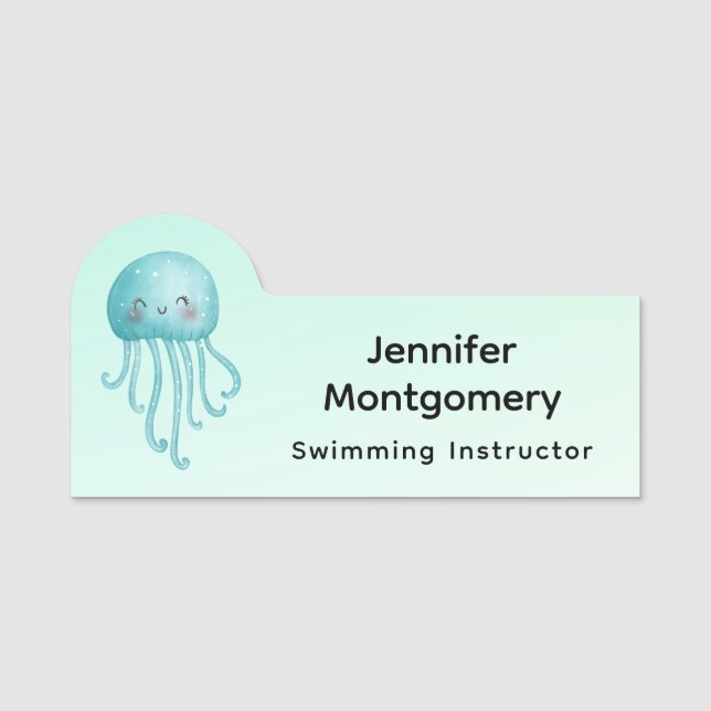 Cute and Fun Blue-Green Jellyfish Name Tag (Front)