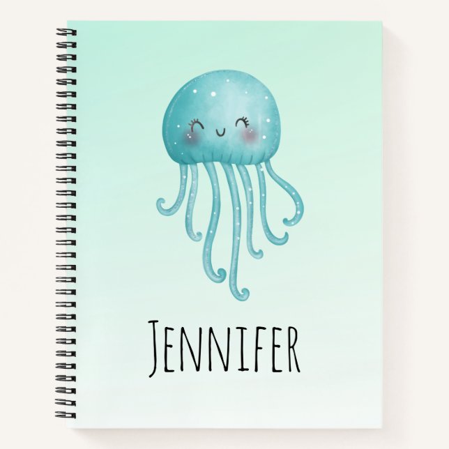 Cute and Fun Blue-Green Jellyfish Notebook (Front)