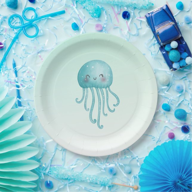 Cute and Fun Blue-Green Jellyfish Paper Plate (Party)