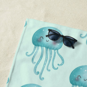 Cute and Fun Blue-Green Jellyfish Pattern Beach Towel