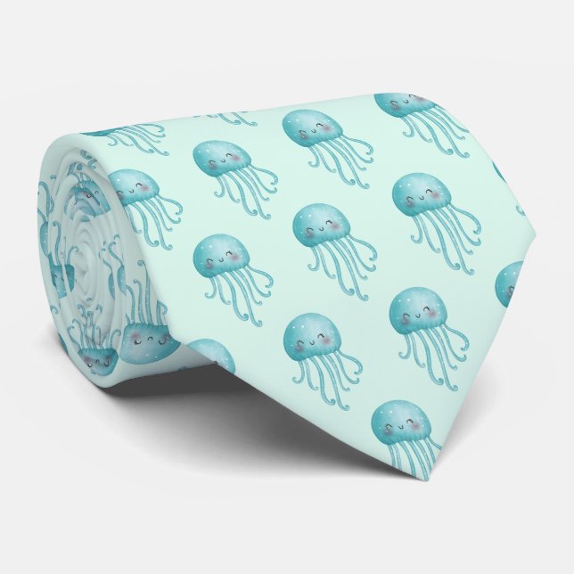 Cute and Fun Blue-Green Jellyfish Pattern Tie (Rolled)